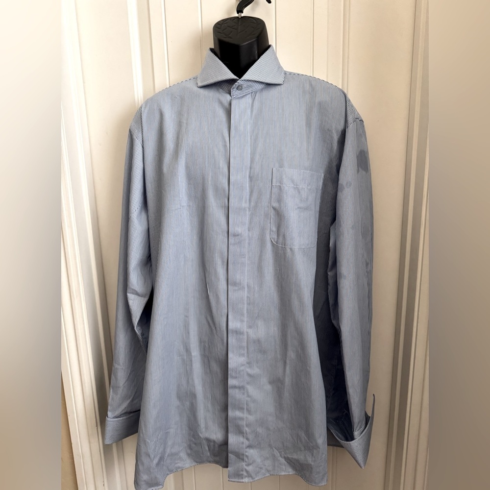 NWOT Modena Classic Tall Fit Blue Pinstripe Dress Shirt 17.5 36/37 French Cuffs